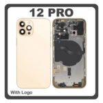 HQ OEM For Apple iPhone 12 Pro (A2407, A2341) Rear Back Battery Cover Middle Frame- Housing + Power Button + Volume Button Flex Cable + Sim Card Tray + Flashlight Flex + NFC Gold