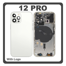 HQ OEM For Apple iPhone 12 Pro (A2407, A2341) Rear Back Battery Cover Middle Frame- Housing + Power Button + Volume Button Flex Cable + Sim Card Tray + Flashlight Flex + NFC White