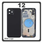 HQ OEM For Apple iPhone 12 (A2403, A2172) Rear Back Battery Cover Middle Frame- Housing + Side Keys + Sim Tray + Magsafe Black