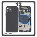 HQ OEM For Apple iPhone 12 (A2403, A2172) Rear Back Battery Cover Middle Frame- Housing + Power Button + Volume Button Flex Cable + Sim Card Tray + Flashlight Flex + NFC Black