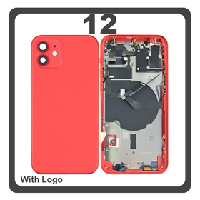 HQ OEM For Apple iPhone 12 (A2403, A2172) Rear Back Battery Cover Middle Frame- Housing + Power Button + Volume Button Flex Cable + Sim Card Tray + Flashlight Flex + NFC Red
