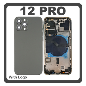 HQ OEM For Apple iPhone 12 Pro (A2407, A2341) Rear Back Battery Cover Middle Frame- Housing + Power Button + Volume Button Flex Cable + Sim Card Tray + Flashlight Flex + NFC Black